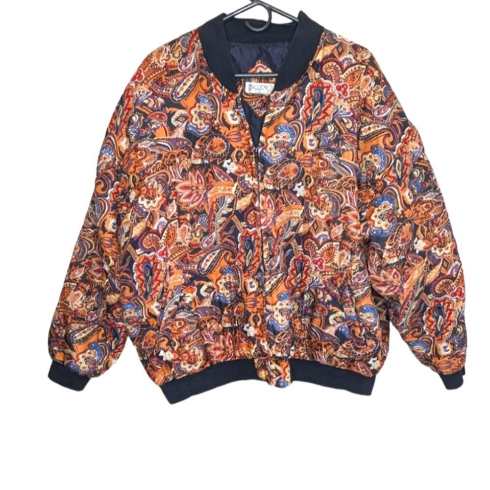 Vintage Selene Paris paisley multi  floral 100% silk bomber jacket plus sz 1X